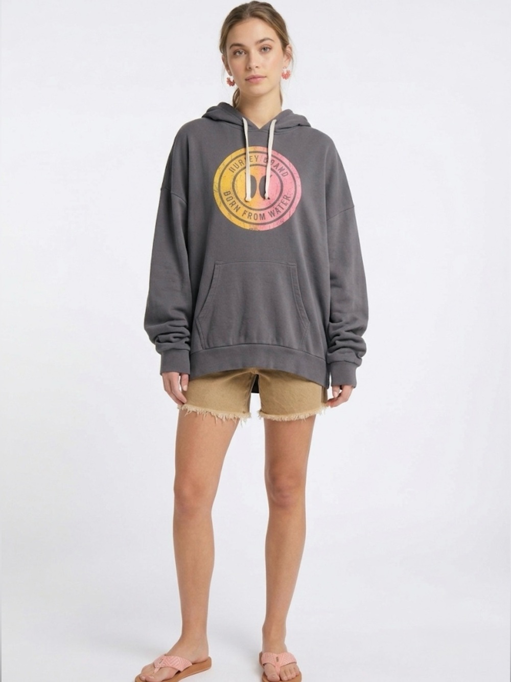 Hurley Womens XS/P oversized Gray Graphic Hoodie Pullover Sweatshirt